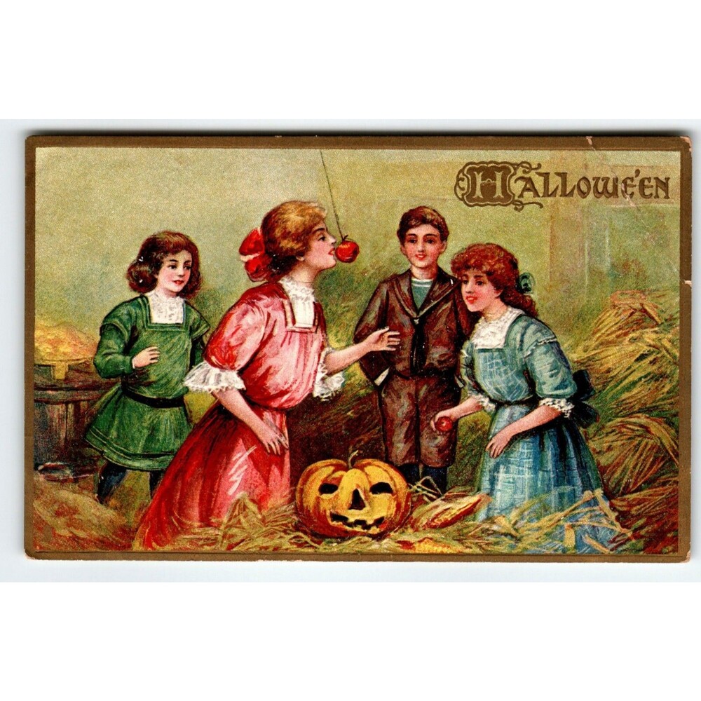 Halloween Postcard Tuck Apple Games Women In Barn JOL Embossed Series 183 German